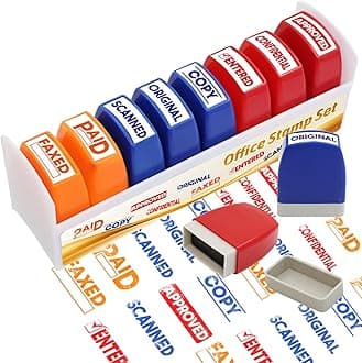 Fancy Land Office Stamps for Business Message Stamp Scanned Approved Paid Completed Self Inking Set with Storage Tray for Coworkers Colleague Work Supplies 8Pcs