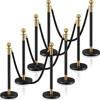 Stainless Steel Stanchion Post Queue 5 ft Red Velvet Rope Red Carpet Ropes and Poles Crowd Control Barriers Sand Injection Hollow Base and Velvet Ropes Set for Party Supplies (8 Pieces, Black, Gold)