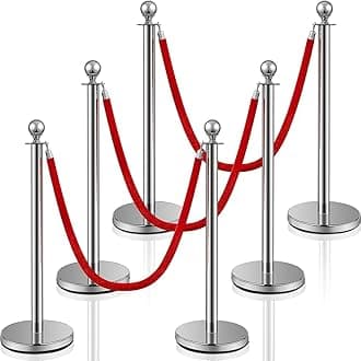 Stainless Steel Stanchion Post Queue 5 ft Red Velvet Rope Red Carpet Ropes and Poles Crowd Control Barriers Sand Injection Hollow Base and Velvet Ropes Set for Party Supplies (6 Pieces, Silver)